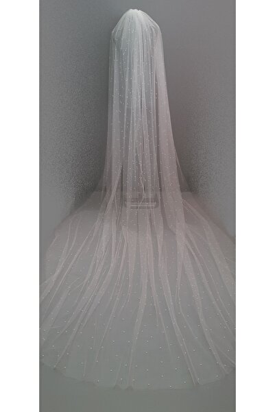 Suzanna Moda Ful Incili 3mt Boy 3mt Eni Tek Kat Kırık Beyaz Taraklı Hayal Tül Gelin Duvağı