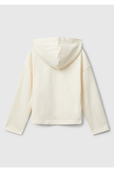 United Colors of Benetton Kız Çocuk Ekru Önü Yazı Baskılı Arkası Uzun Kapüşonlu Sweatshirt