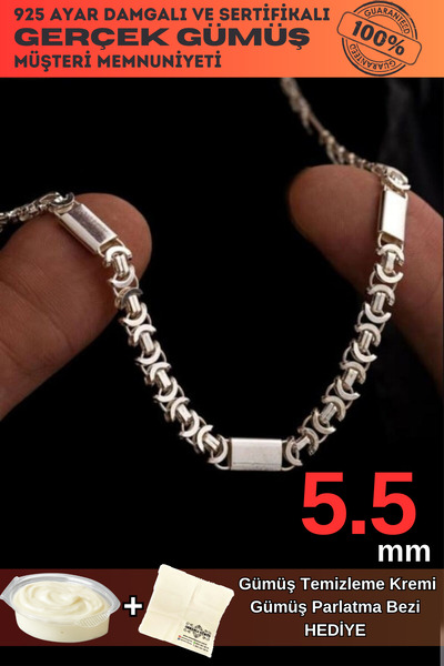 OSMANLI GÜMÜŞ Erkek Gümüş Kolye- 5.5mm Parçalı Parlak Euro Kral Gümüş Kolye
