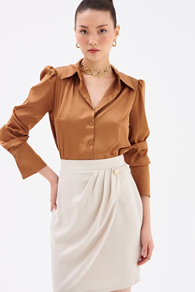 Sateen Düğme Detaylı Saten Krep Etek - Taş