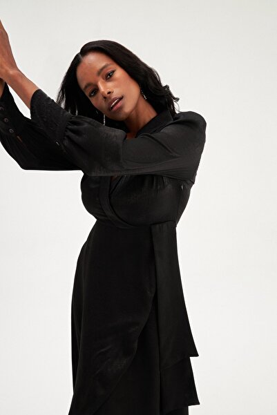 Sateen Kruvaze Detaylı Uzun Elbise - Siyah