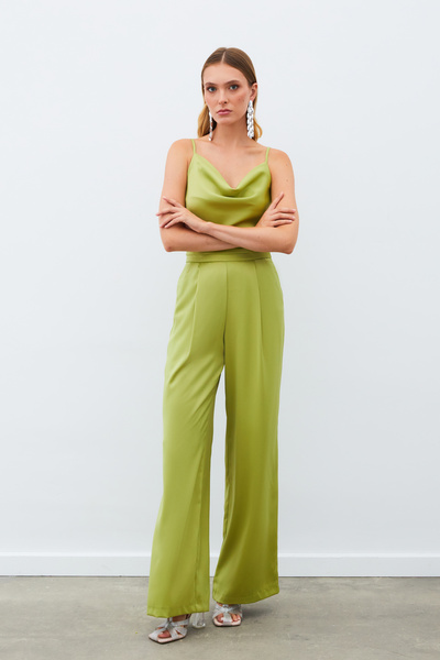 Sateen Loose Satin Trousers with Pockets - Oil Green