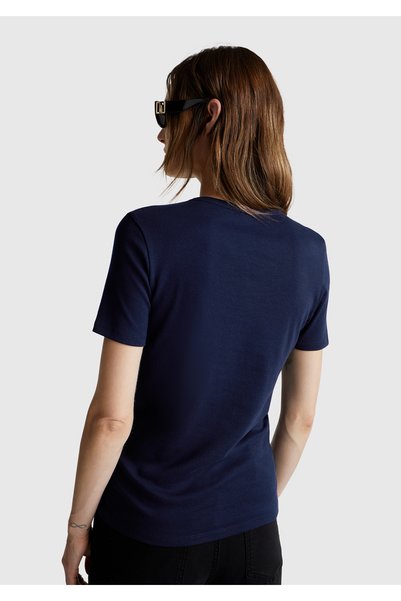 United Colors of Benetton Women's Navy Blue 100% Cotton Benetton Written Basic T-Shirt