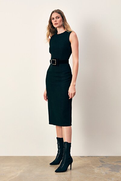 Sateen Kolsuz Uzun Tüvit Elbise - SİYAH