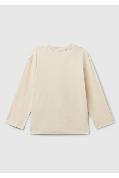 United Colors of Benetton Erkek Çocuk Krem Baskılı Bisiklet Yaka Uzun Kollu T-shirt