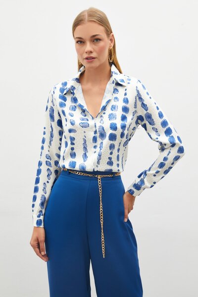 Sateen Desenli Klasik Gömlek - SAX MAVİ