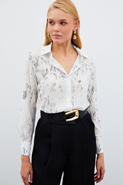 Sateen Πουκάμισο με φωτεινό σχέδιο - Εκρού-Ασημί