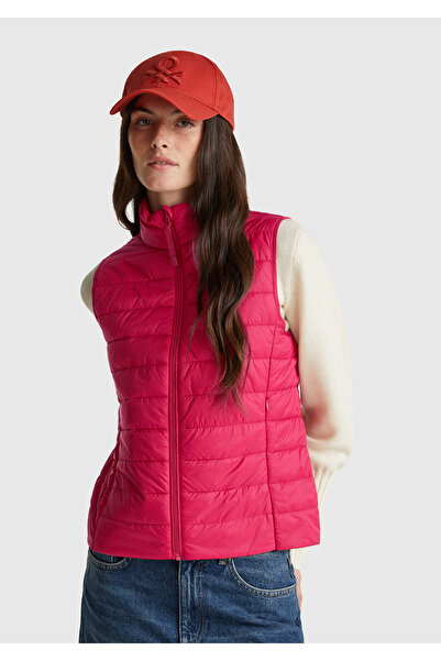 United Colors of Benetton Kadın Fuşya Polyester Dolgulu Fermuarlı Slim Fit Pufa Yelek