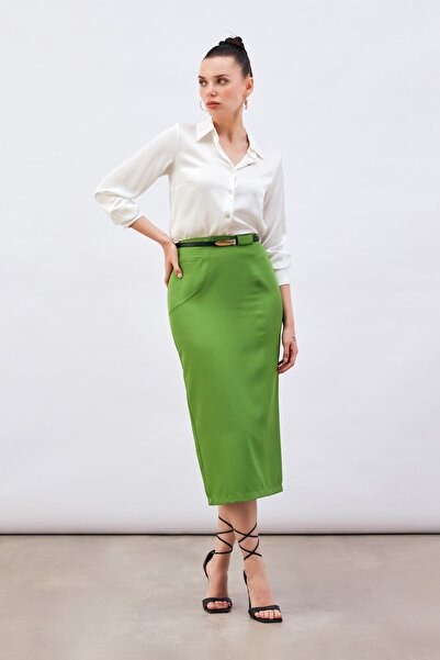 Sateen Light Green Midi Pencil Skirt - Belted
