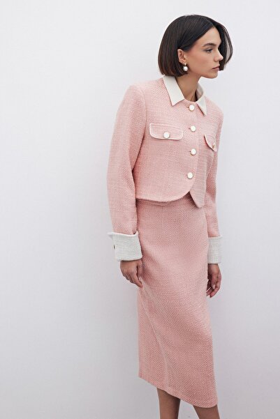 Sateen Κοντό τουίντ μπουφάν με αντίθεση - Πούδρα