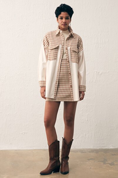 Sateen Patent Leather Houndstooth Shirt - Camel