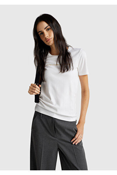 United Colors of Benetton Γυναικείο λευκό μπλουζάκι Benetton Written Basic από 100% βαμβάκι