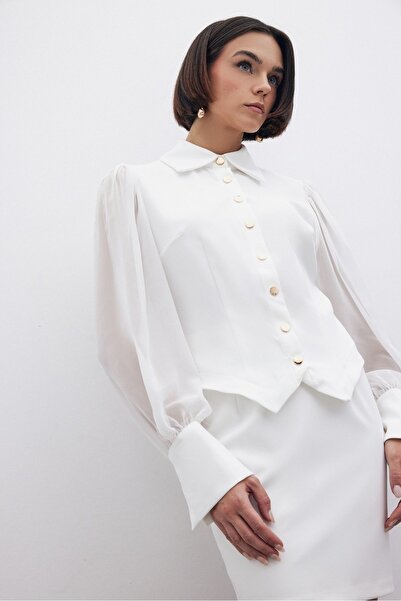 Sateen Şifon Kol Gömlek - Ekru
