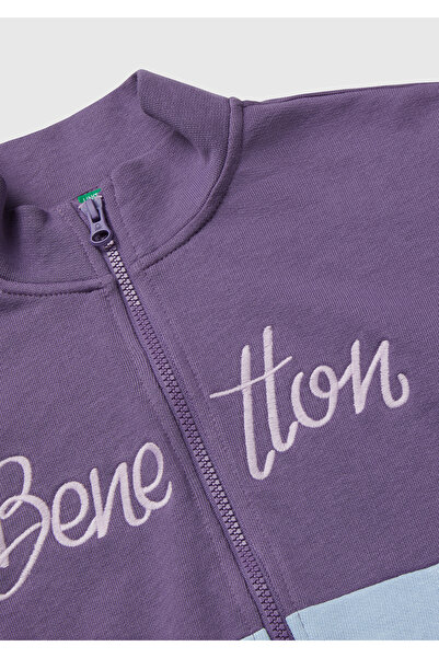 United Colors of Benetton Kız Çocuk Mor Mix Önü Logo Nakışlı Cepli Fermuarlı Dik Yaka Sweatshirt