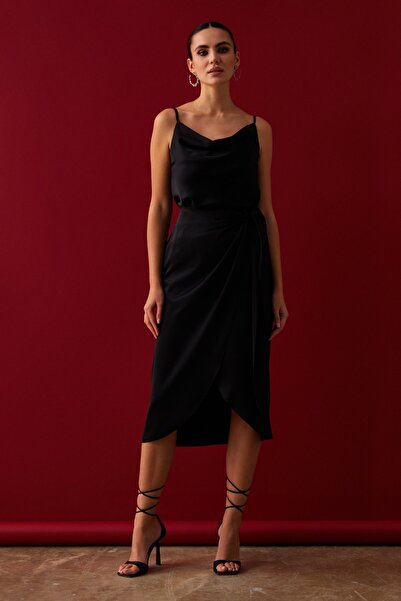 Sateen Bağlama Detaylı Kruvaze Etek - Siyah