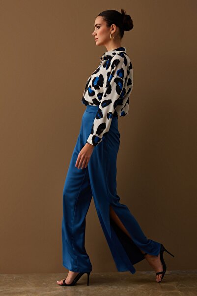 Sateen Slit Detailed Satin Trousers - Indigo