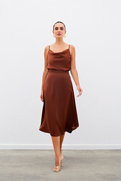 Sateen Σατέν Φούστα Midi - Καφέ