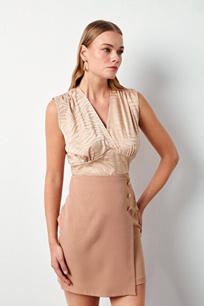 Sateen Блуза з атласу з візерунком крувазе - Camel