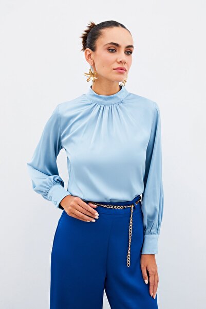 Sateen Bluză din satin cu detaliu guler - Baby Blue