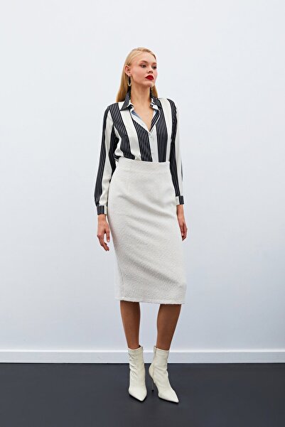 Sateen Midi Boy Tüvit Etek - Taş