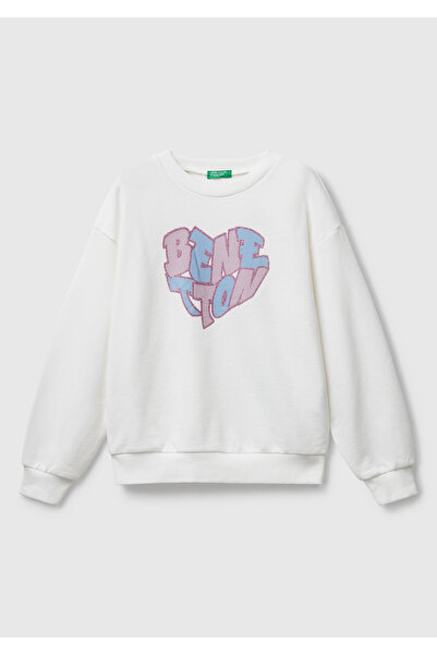 United Colors of Benetton Hanorac pentru fete, ecru, cu logo-ul strălucitor, cu gâtul turnat