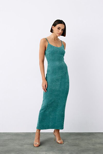 Sateen Askılı Kadife Midi Elbise - MİNT