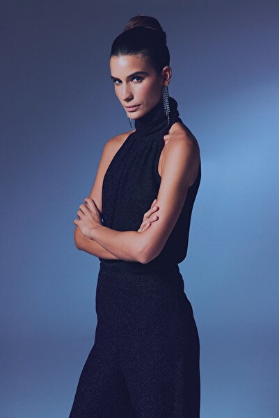 Sateen Kolsuz Parlak Bluz - SİYAH