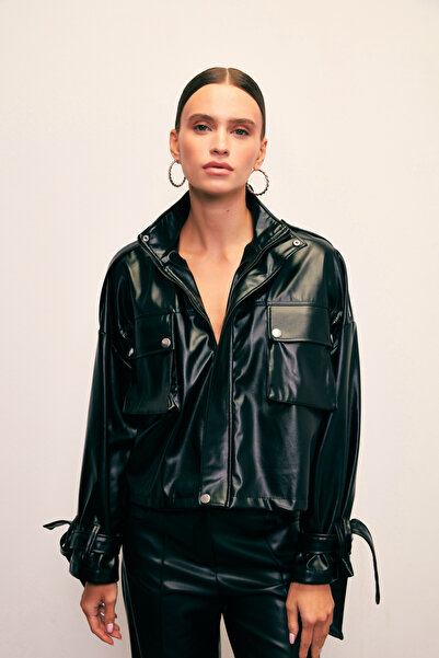 Sateen Cepli Deri Ceket - SİYAH