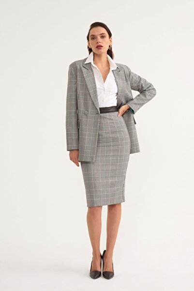 Sateen Ekose detaylı kalem etek - Turkuaz-Gri