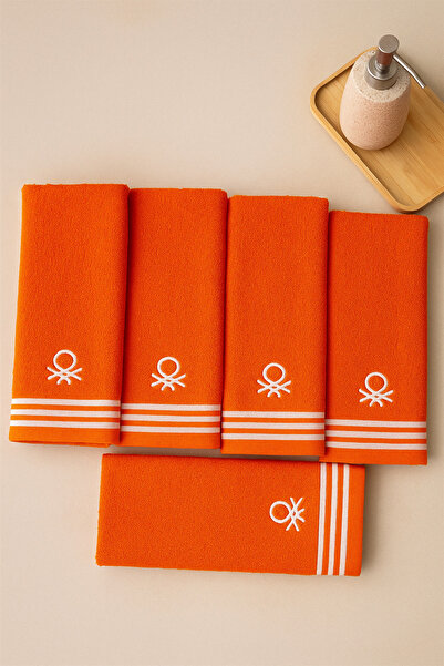 Benetton Home 5 Pieces Bath Towel Hand Face Body Orange 100% Cotton 30X50 cm Face Towel