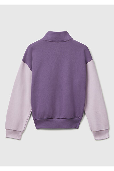 United Colors of Benetton Kız Çocuk Mor Mix Önü Logo Nakışlı Cepli Fermuarlı Dik Yaka Sweatshirt