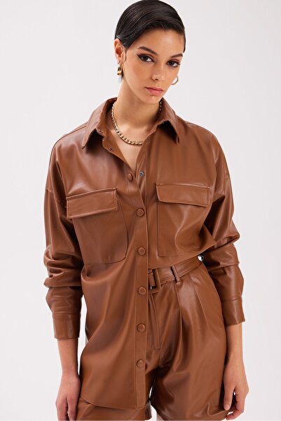 Sateen Cămașă casual din piele cu buzunare - Maro
