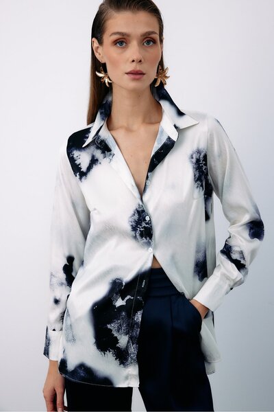 Sateen Navy Blue Patterned Large Classic Shirt