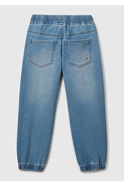 United Colors of Benetton Pantaloni de jogger din denim cu șnur, cu detaliu de logo albastru deschis pentru băieți