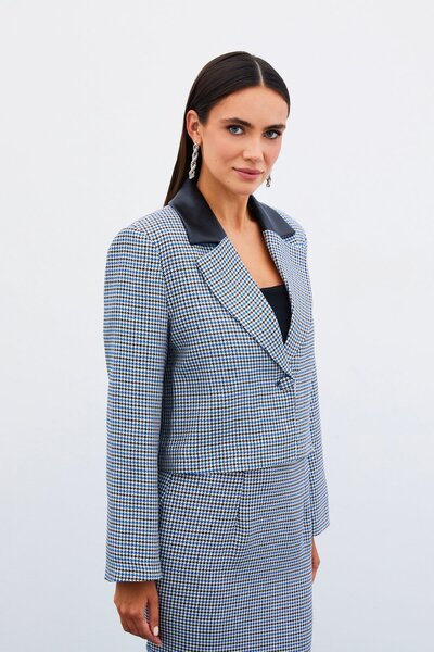 Sateen Houndstooth Crop Jacket - Blue