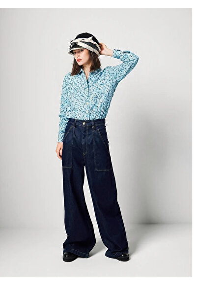 United Colors of Benetton Kadın Mavi Mix %100 Pamuk Desenli Regular Fit Gömlek