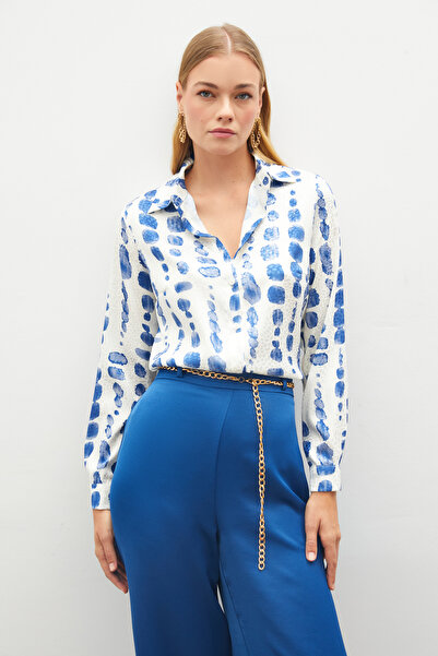 Sateen Desenli Klasik Gömlek - SAX MAVİ