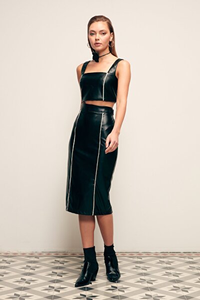 Sateen Kontrast Deri Etek - Siyah