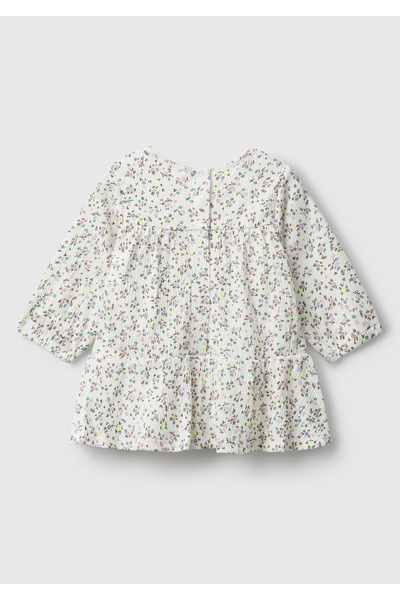 United Colors of Benetton Baby White All over Patterned Logo Label Round Neck Flounce Dress