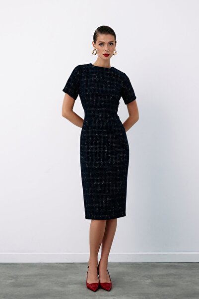 Sateen Simli Kısa Kol Elbise - Lacivert