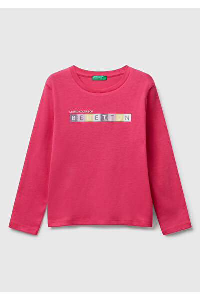 United Colors of Benetton Детска розова блуза с блестящ лого печат, с дълъг р...