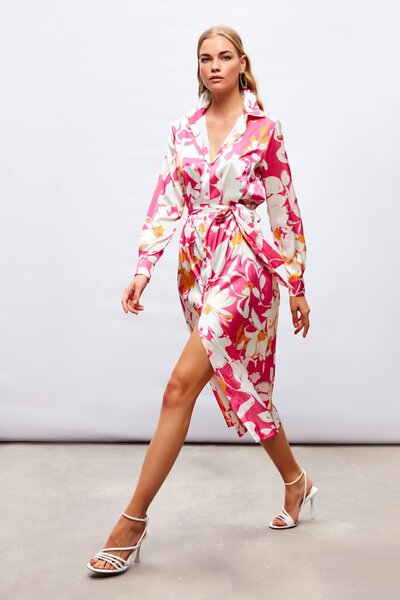 Sateen فستان قميص ميدي منقوش - فوشيا