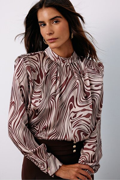 Sateen Vatkalı Desenli Bluz - VİZON