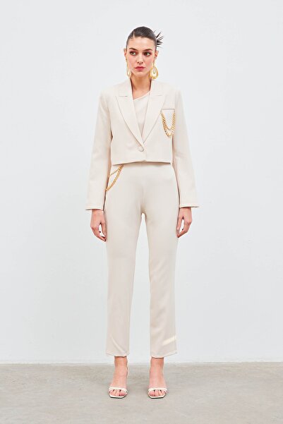 Sateen Pants with Chain Accessories - Beige