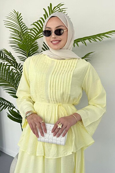 Hatun Atila Ribbed Lace Detailed Blouse and Flowing Skirt Two-Piece Set 8043 - Yellow