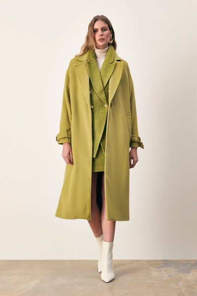 Sateen Casual Coat with Sleeve Belt Detail - Oil Green