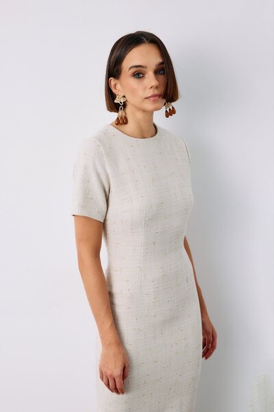 Sateen Simli Kısa Kol Elbise - Bej