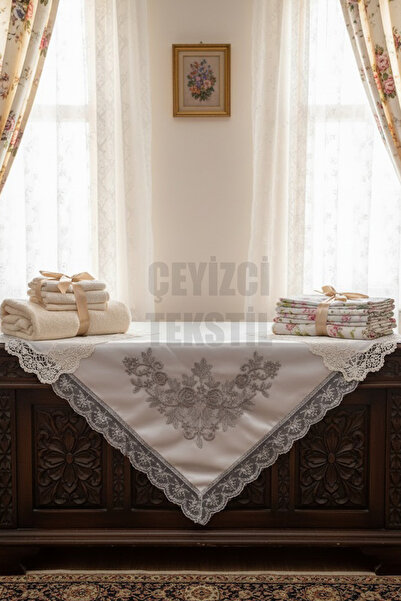 Çt Çeyizci Tekstil Fransız Güpürlü Işlemeli, Çeyizlik Saten Lüks Bohça, Nişan Bohçası - Gri Kumaş , Gri Dantel