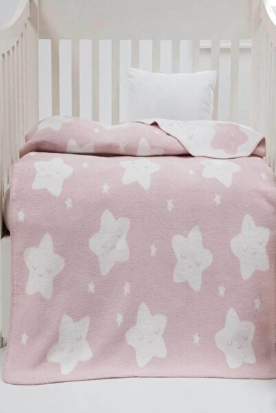 Dolce Bonita Home Pamuklu Çift Taraflı Bebek Battaniye 100x120 Star Açık Pudra