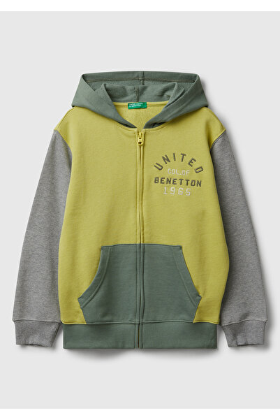 United Colors of Benetton Erkek Çocuk Sarı-Gri Önü Logo Detaylı Fermuarlı Kapüşonlu Sweatshirt